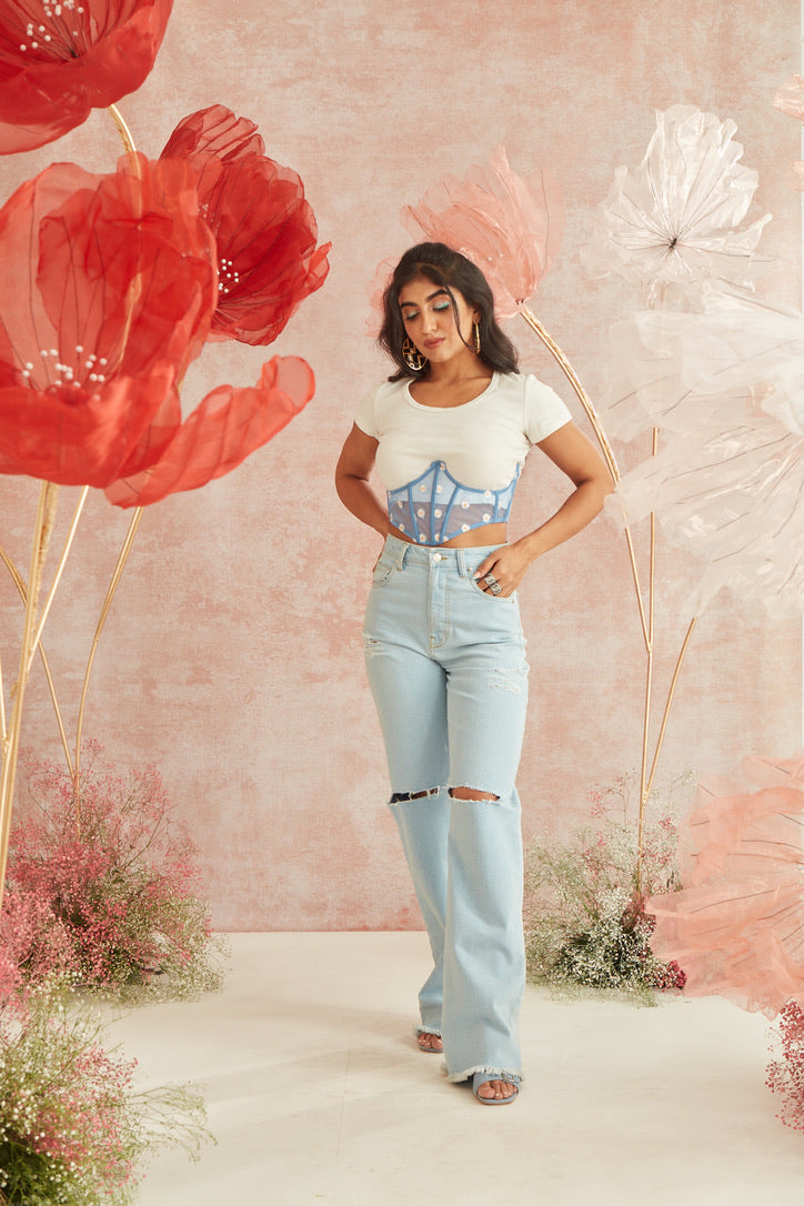 Daisy Blue Embroidered Underbust Corset Belt
