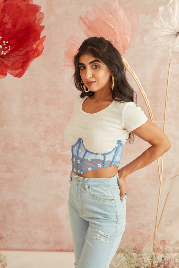 Daisy Blue Embroidered Underbust Corset Belt
