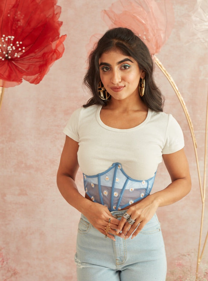 Daisy Blue Embroidered Underbust Corset Belt
