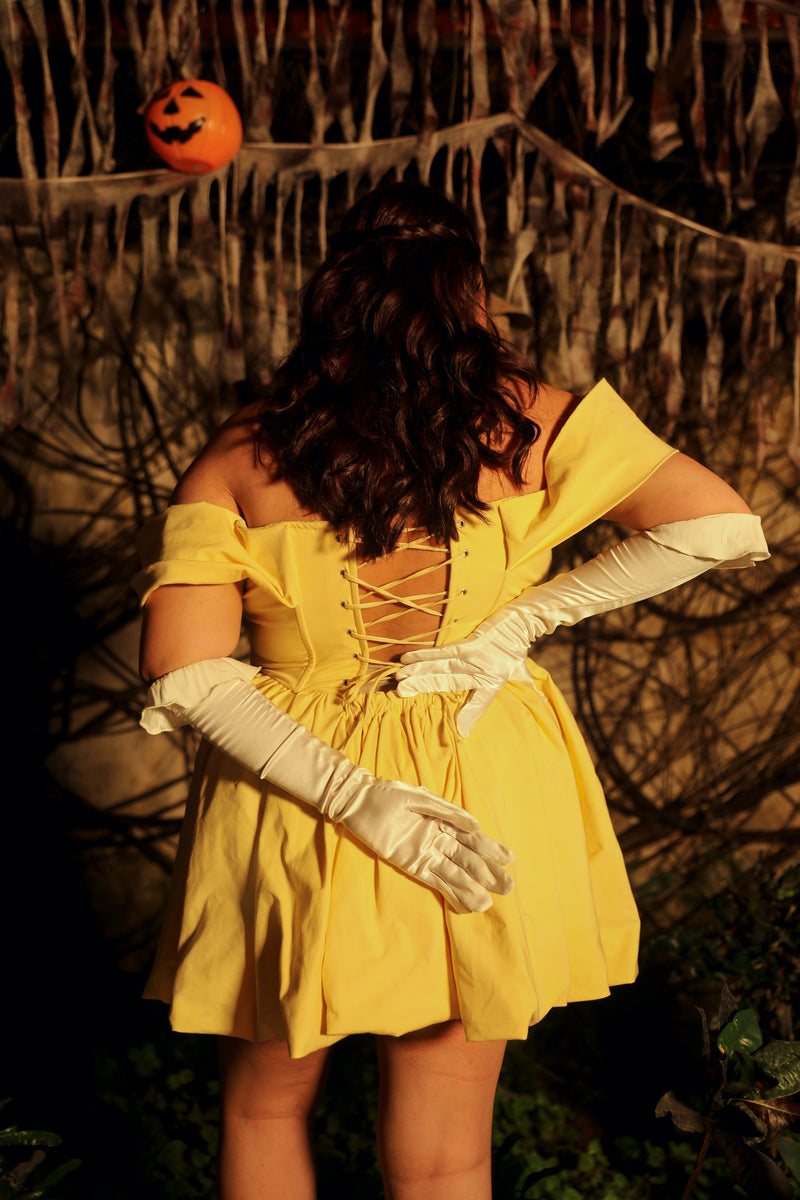 Yellow corset dress bow sleeves