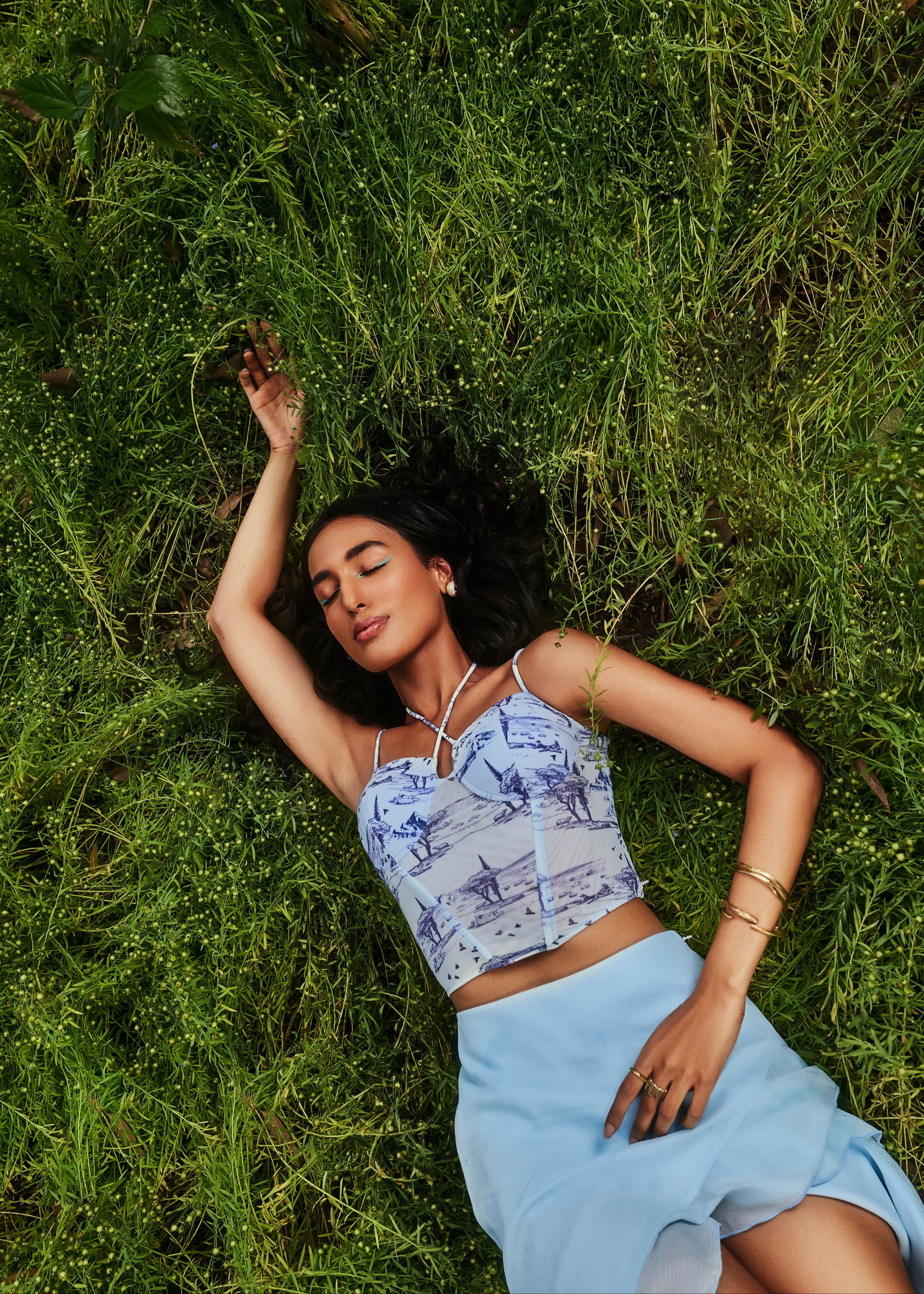 Hera Blue Printed Power Mesh Corset + Shimmer Ruffled Skirt featuring a blue printed corset in power mesh and a shimmer ruffled skirt