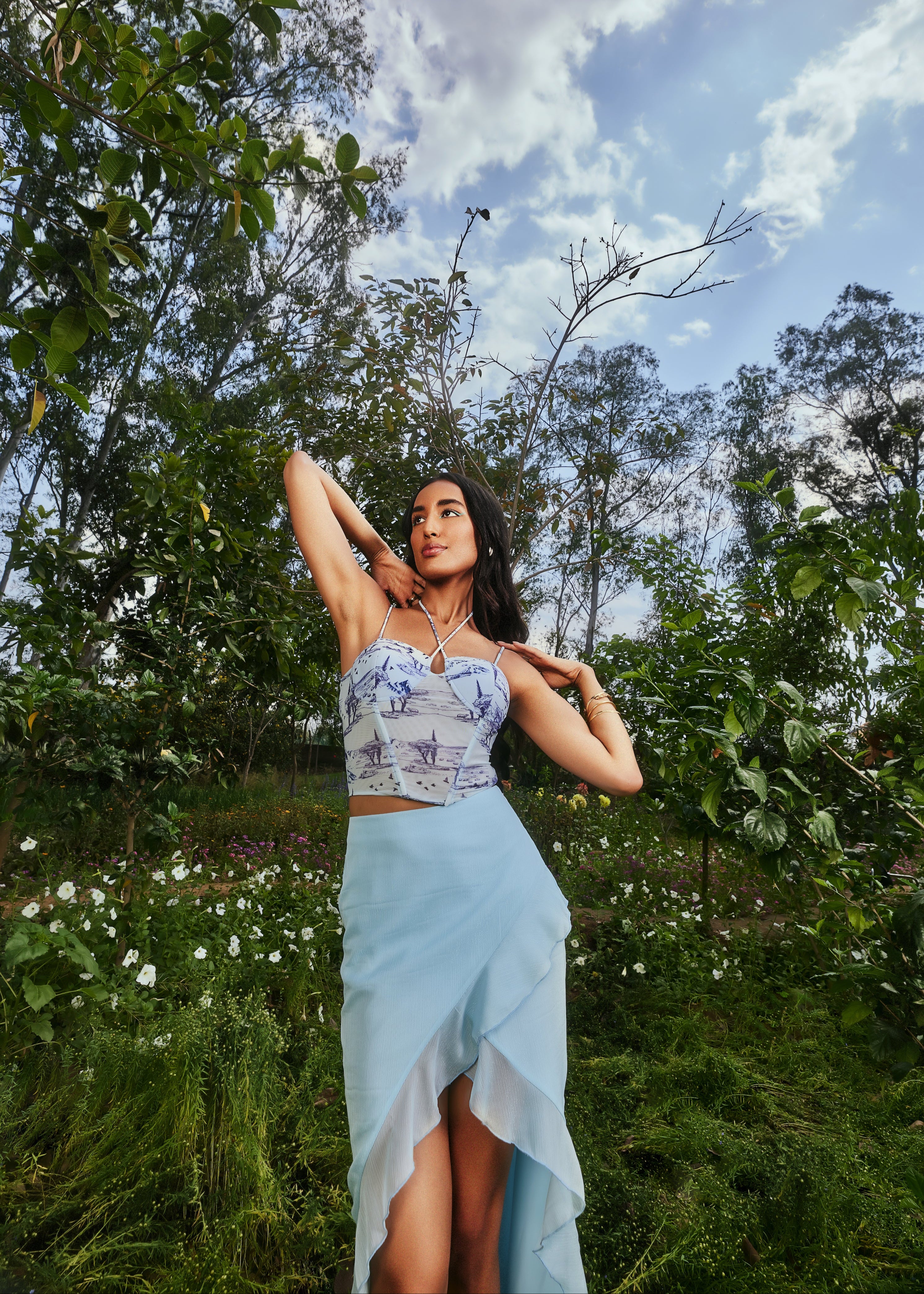 Hera Blue Printed Power Mesh Corset + Shimmer Ruffled Skirt featuring a blue printed corset in power mesh and a shimmer ruffled skirt3