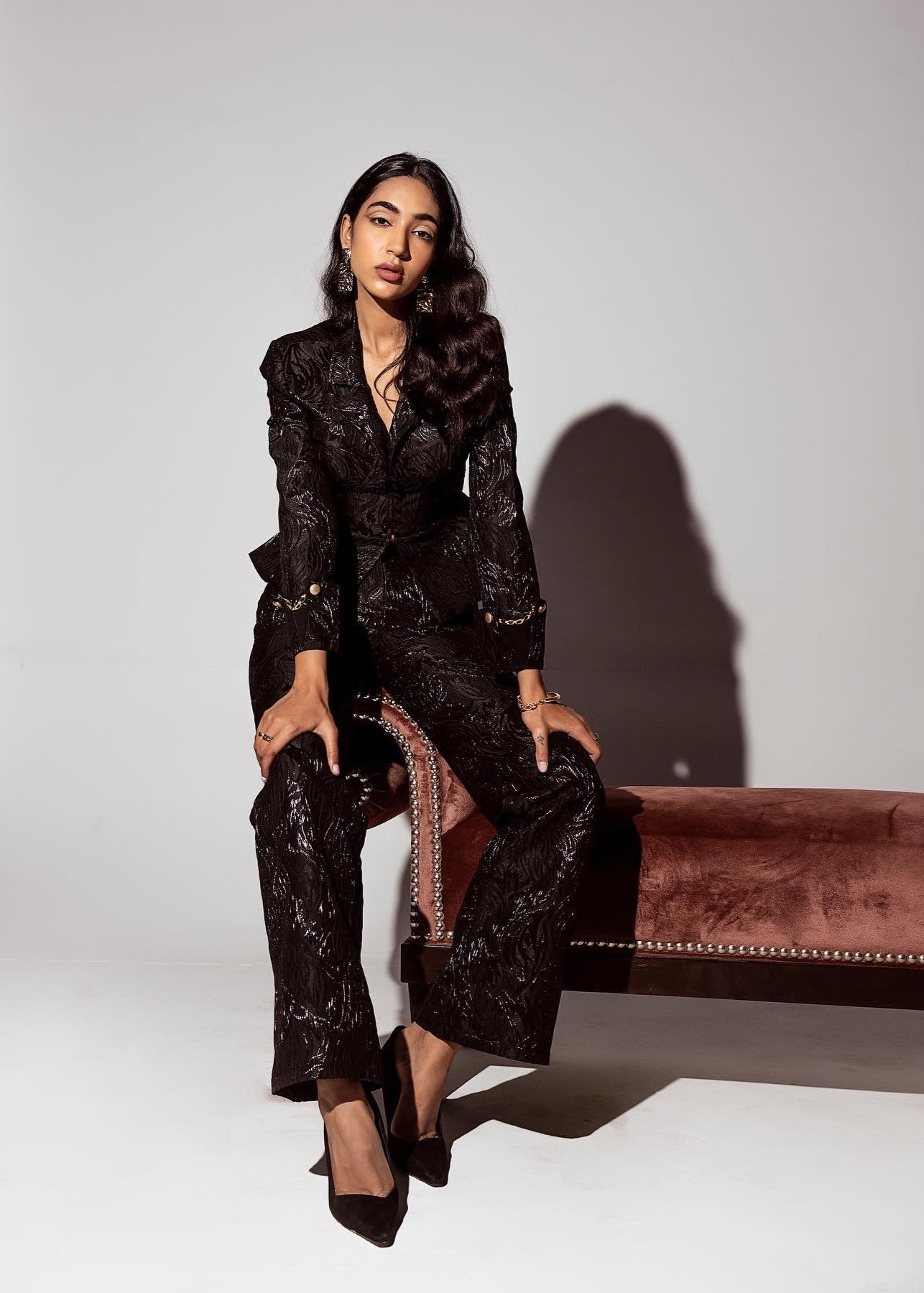 Jessica Black Embroidered Jacquard Pants

