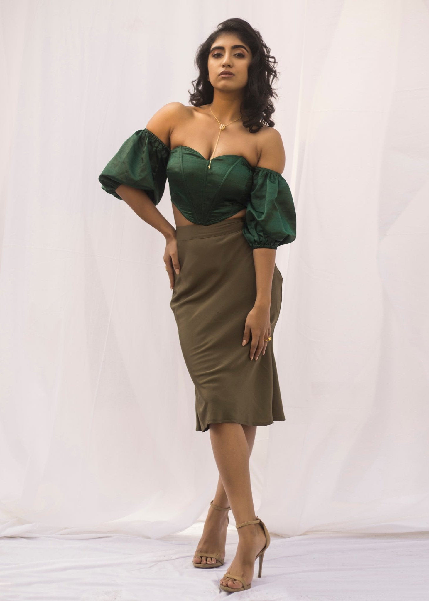 Amelie Khaki Satin Trumpet Cut Midi Skirt - Lea Clothing Co.