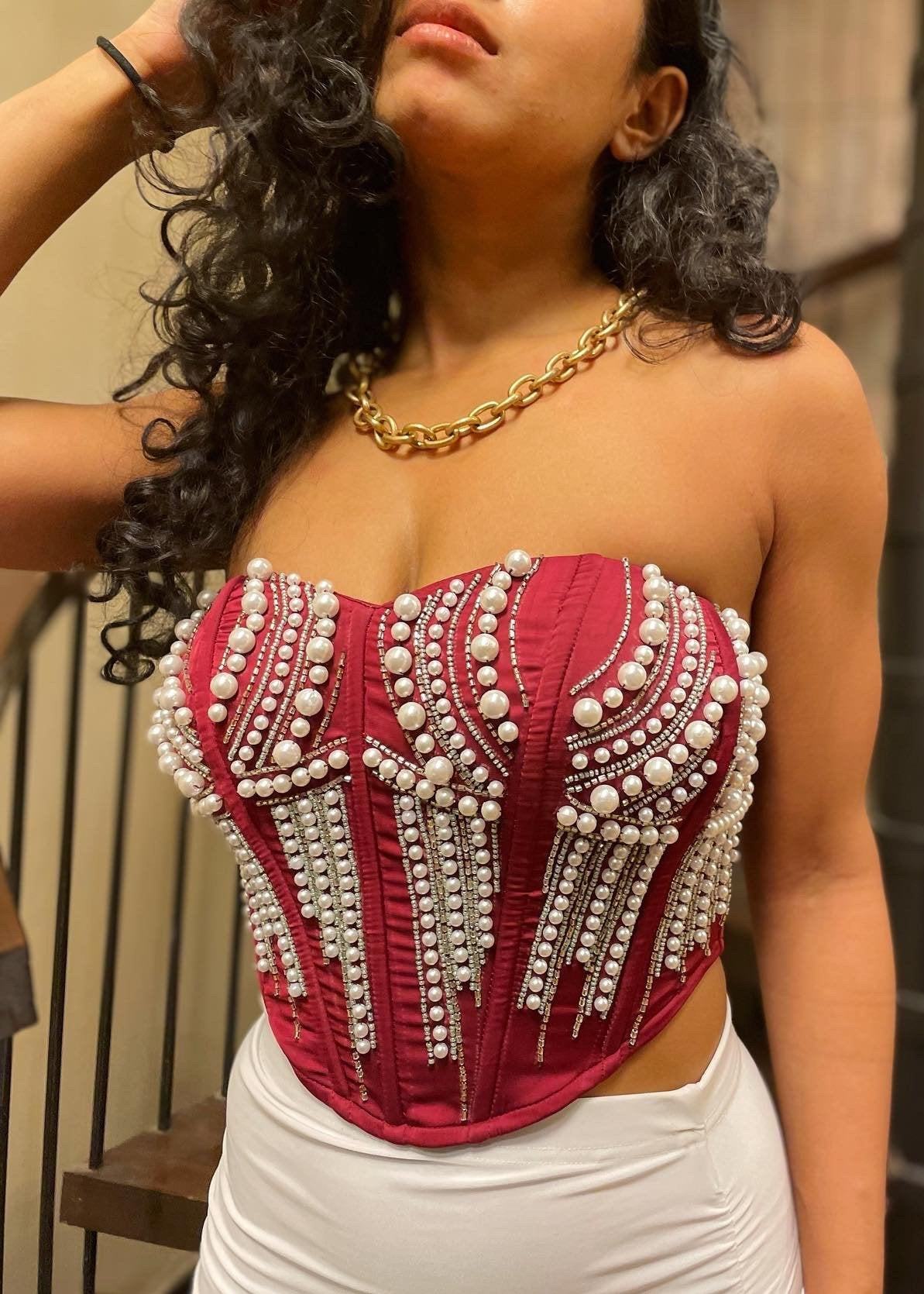 Leila Long Mesh Sleeve Hand Embroidered Corset Blouse