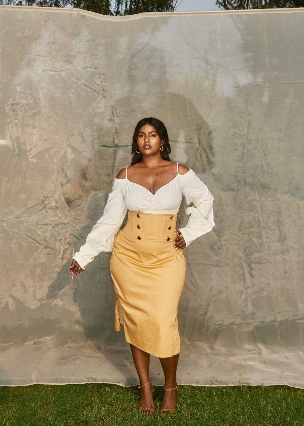White Shirt and Tan Skirt Set