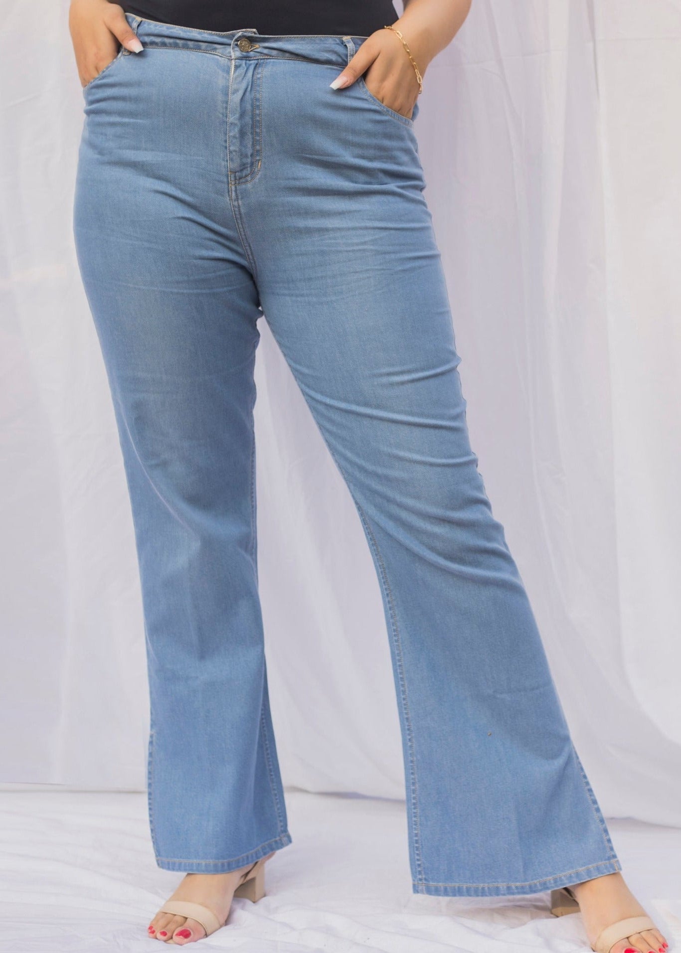 Lorie High-Waist Bootcut Jeans in Mid-Blue Denim - Lea Clothing Co.