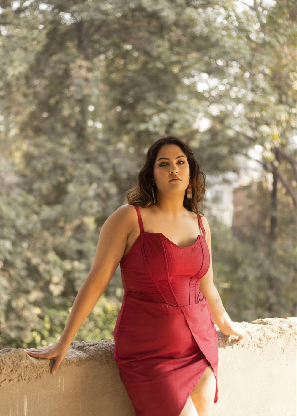 Rachel Burgundy Silk Satin Corset Dress with Asymmetric Hem - Lea Clothing Co.