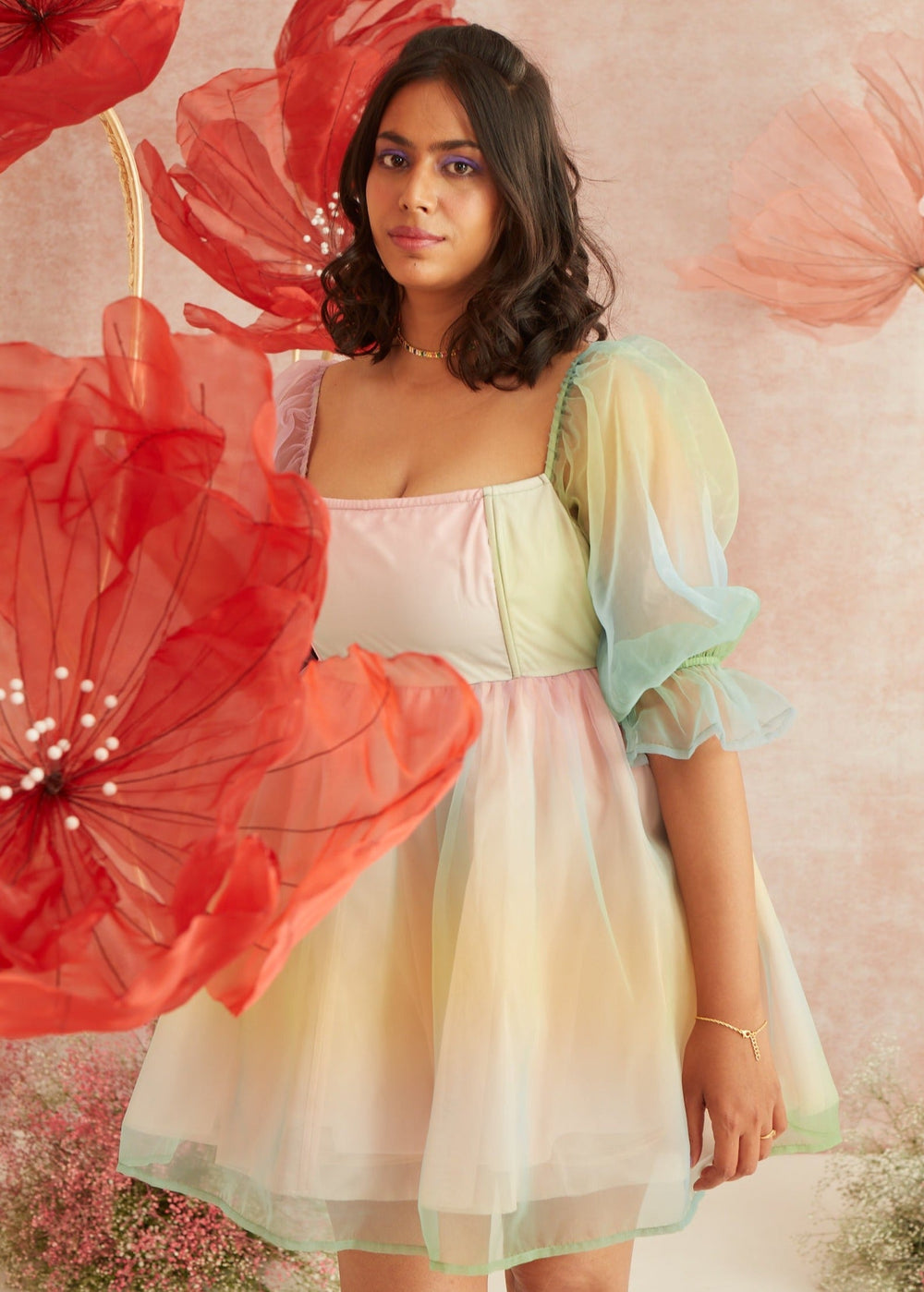 Reese Rainbow Organza Puff Corset Mini Dress - Lea Clothing Co.