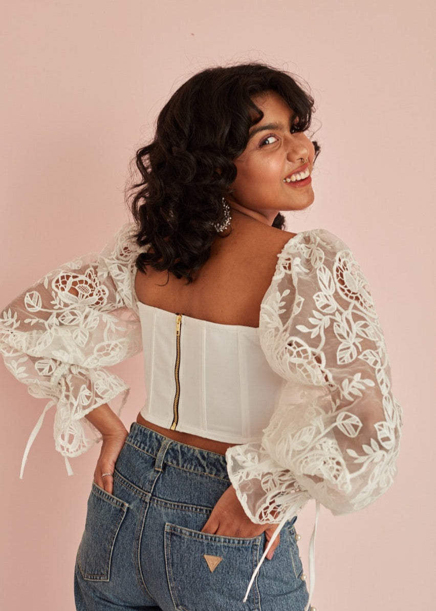 Sasha Embroidered Organza Sleeve Corset Top
