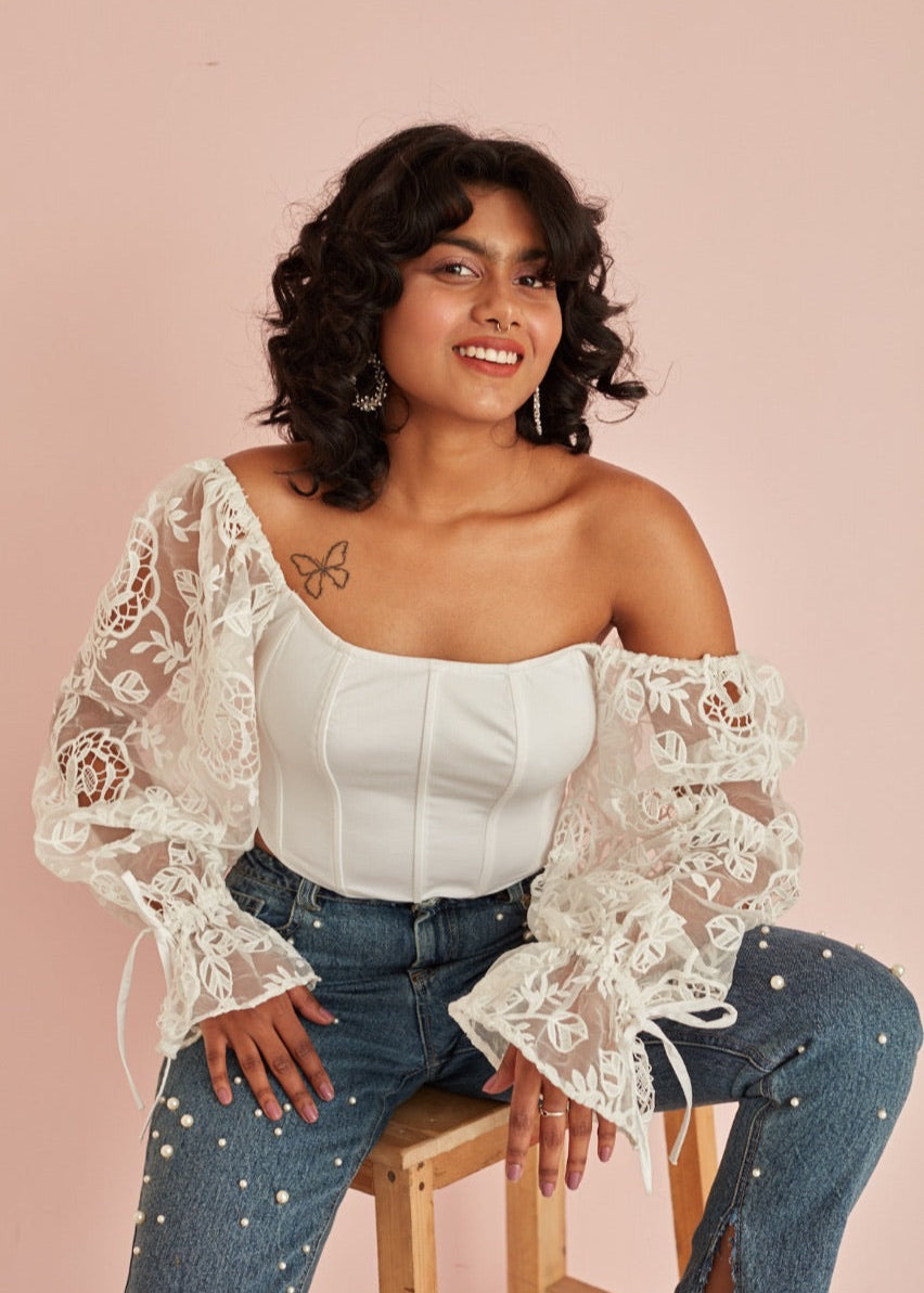 Sasha Embroidered Organza Sleeve Corset Top
