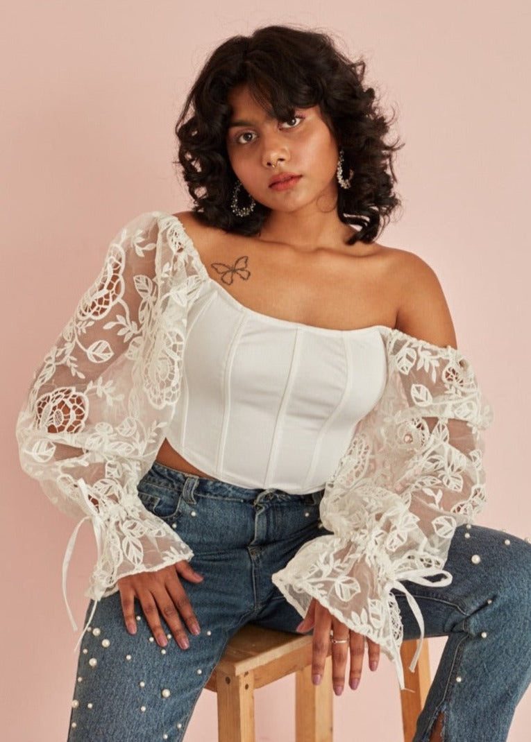 Sasha Embroidered Organza Sleeve Corset Top
