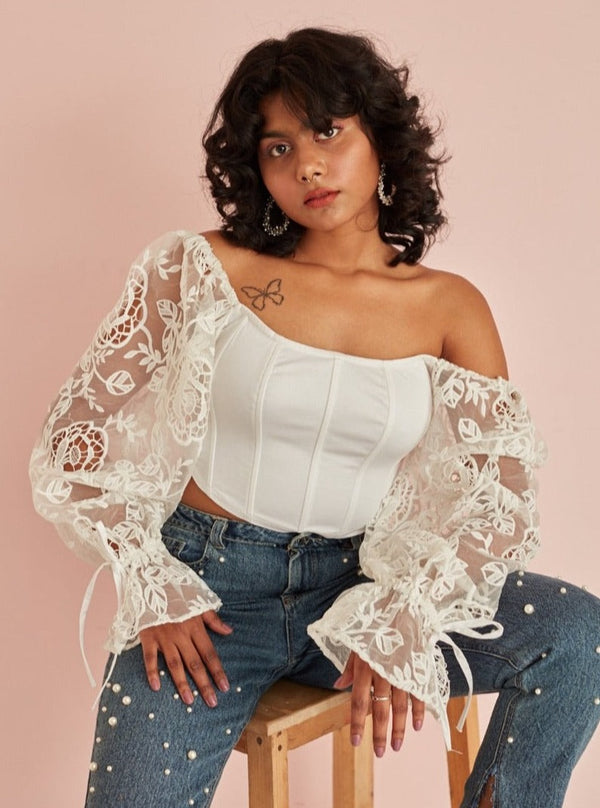 Sasha Embroidered Organza Sleeve Corset Top
