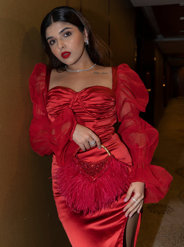 Scarlet Red Satin Puff Sleeve Bustier Gown with a striking red satin fabric, puff sleeves, and a bustier-style bodice